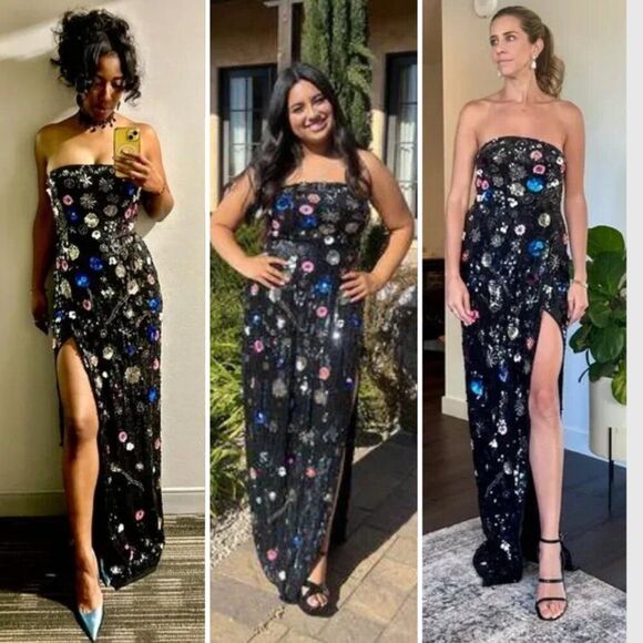 Mac Duggal Size 12 Black Floral Sequined Strapless Column Long Maxi Dress Gown - Picture 2 of 7